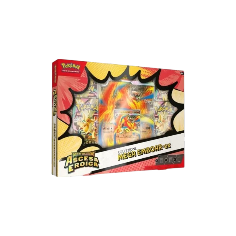 Confezione in stile fumetto della Collezione Mega Emboar-ex dell'espansione Megaevoluzione: Ascesa Eroica del Gioco di Carte Collezionabili Pokémon. Al centro sono visibili la carta promozionale, la carta lenticolare di Mega Emboar-ex dalle fiamme accese e le buste di espansione.