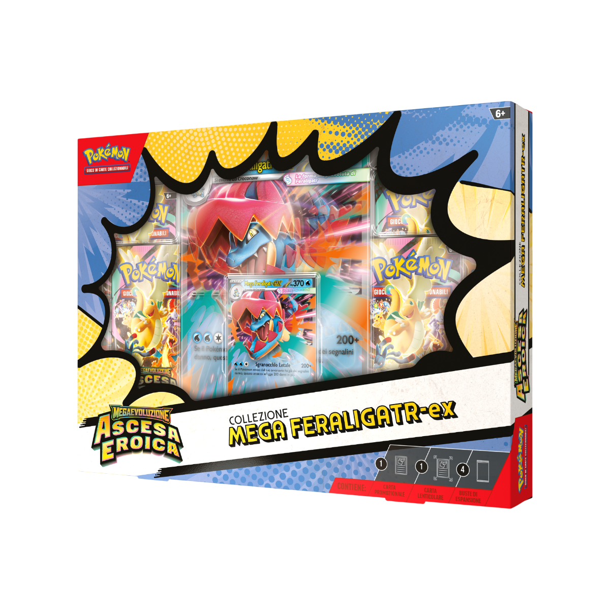 Confezione in stile fumetto della Collezione Mega Feraligatr-ex dell'espansione Megaevoluzione: Ascesa Eroica del Gioco di Carte Collezionabili Pokémon. Al centro sono visibili la carta promozionale, la carta lenticolare di Mega Feraligatr-ex e le buste di espansione.