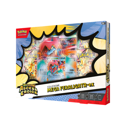 Confezione in stile fumetto della Collezione Mega Feraligatr-ex dell'espansione Megaevoluzione: Ascesa Eroica del Gioco di Carte Collezionabili Pokémon. Al centro sono visibili la carta promozionale, la carta lenticolare di Mega Feraligatr-ex e le buste di espansione.