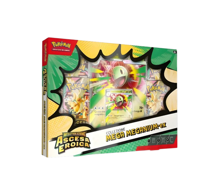 Confezione in stile fumetto della Collezione Mega Meganium-ex dell'espansione Megaevoluzione: Ascesa Eroica del Gioco di Carte Collezionabili Pokémon. Al centro sono visibili la carta promozionale, la carta lenticolare di Mega Meganium-ex dai toni verdi e brillanti e le buste di espansione.