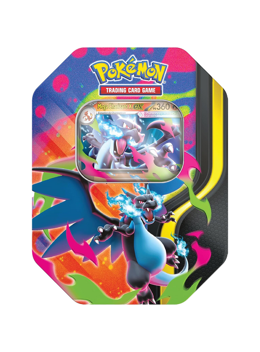 Parte frontale della colorata Tin metallica da Collezione del Gioco di Carte Collezionabili Pokémon. Sulla scatola spicca un'illustrazione dinamica di Mega Charizard X, raffigurato come un drago nero e azzurro che emette intense fiamme blu dalla bocca, su uno sfondo arcobaleno astratto. Nella parte superiore della confezione, in una finestra trasparente, è ben visibile la carta olografica promozionale in italiano "Mega Charizard X ex". In evidenza in alto il classico logo giallo e blu dei Pokémon.