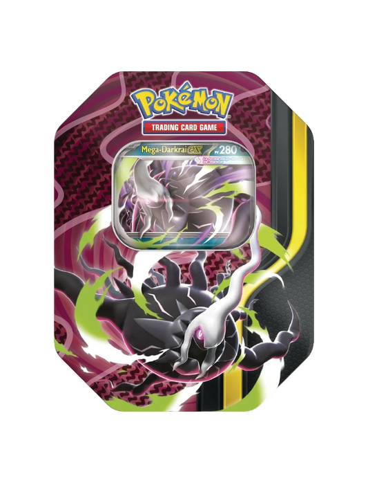 Tin da collezione in metallo del GCC Pokémon raffigurante Mega Darkrai-ex su sfondo scuro con tonalità magenta e bagliori verdi, dotata di finestra espositiva che mostra la carta promozionale olografica di Mega Darkrai-ex con 280 PS.