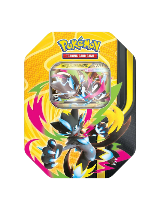 Tin da collezione in metallo del GCC Pokémon raffigurante Mega Zeraora-ex in posa dinamica tra fulmini su sfondo giallo e nero, con finestra espositiva che mostra la carta promozionale olografica di Mega Zeraora-ex da 270 PS.