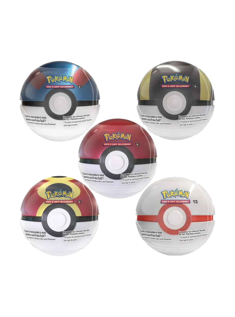 Set di 5 Tin da collezione Pokémon a forma di diverse sfere: Poké Ball (rossa e bianca), Mega Ball (blu e rossa), Ultra Ball (nera e gialla), Premier Ball (bianca) e una Lure Ball (blu e rossa), tutte lucide e metalliche.