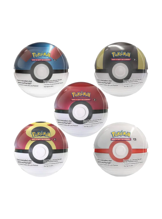 Set di 5 Tin da collezione Pokémon a forma di diverse sfere: Poké Ball (rossa e bianca), Mega Ball (blu e rossa), Ultra Ball (nera e gialla), Premier Ball (bianca) e una Lure Ball (blu e rossa), tutte lucide e metalliche.