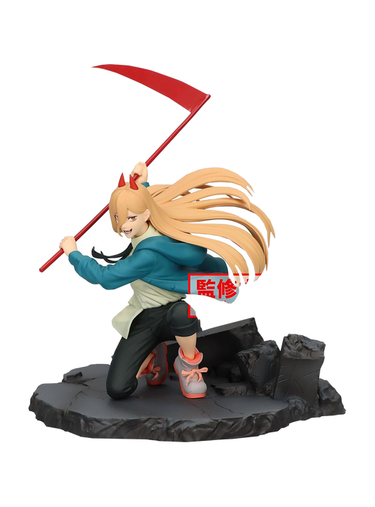 La figure di Power (Vibration Stars) inginocchiata su macerie scure, mentre brandisce una grande falce rossa sopra la testa con un sorriso feroce e i capelli biondi al vento.