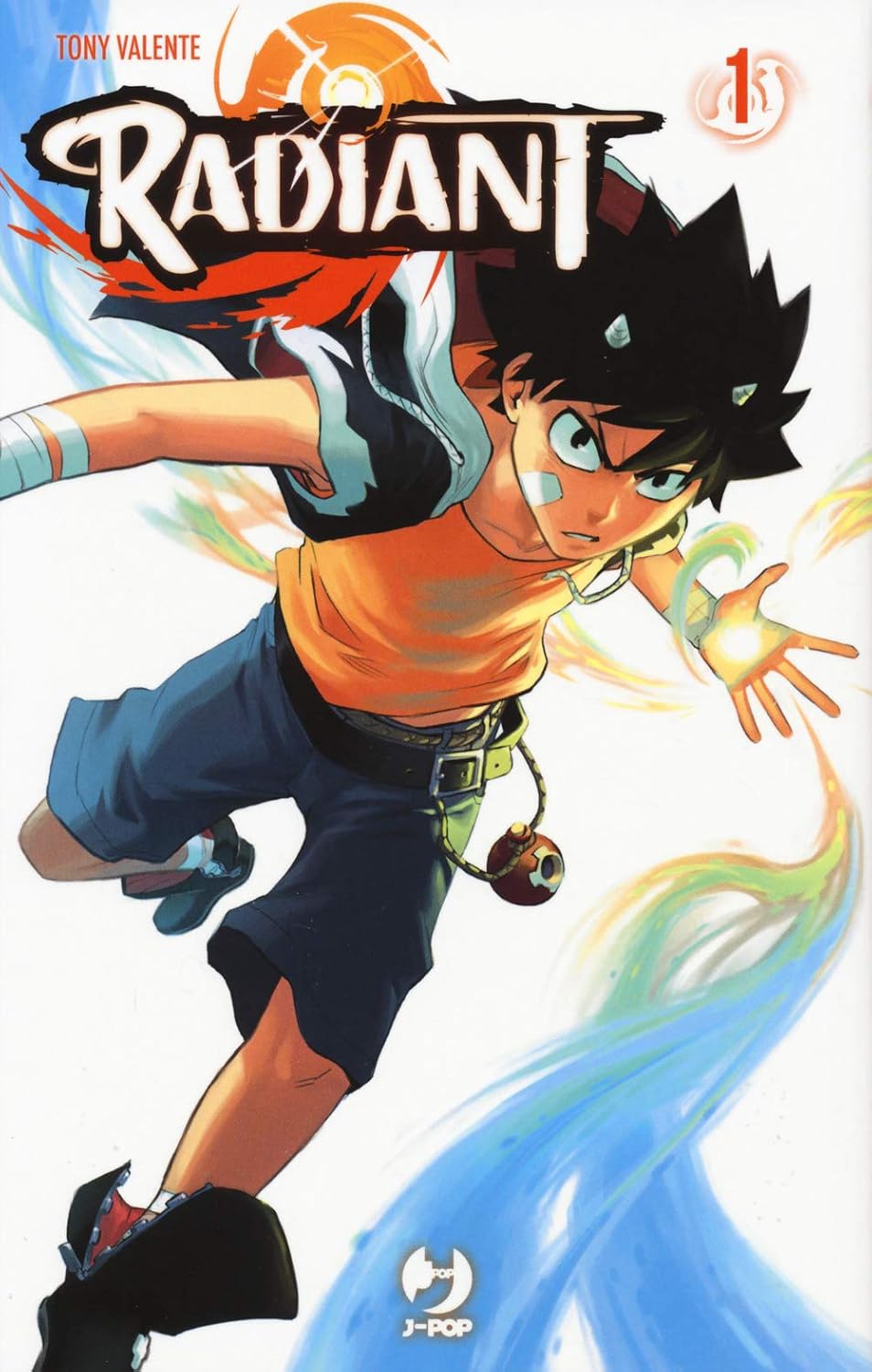 Copertina del primo volume del manga Radiant, che mostra il giovane protagonista Seth in un salto dinamico con energia magica luminosa che scaturisce dalla sua mano.