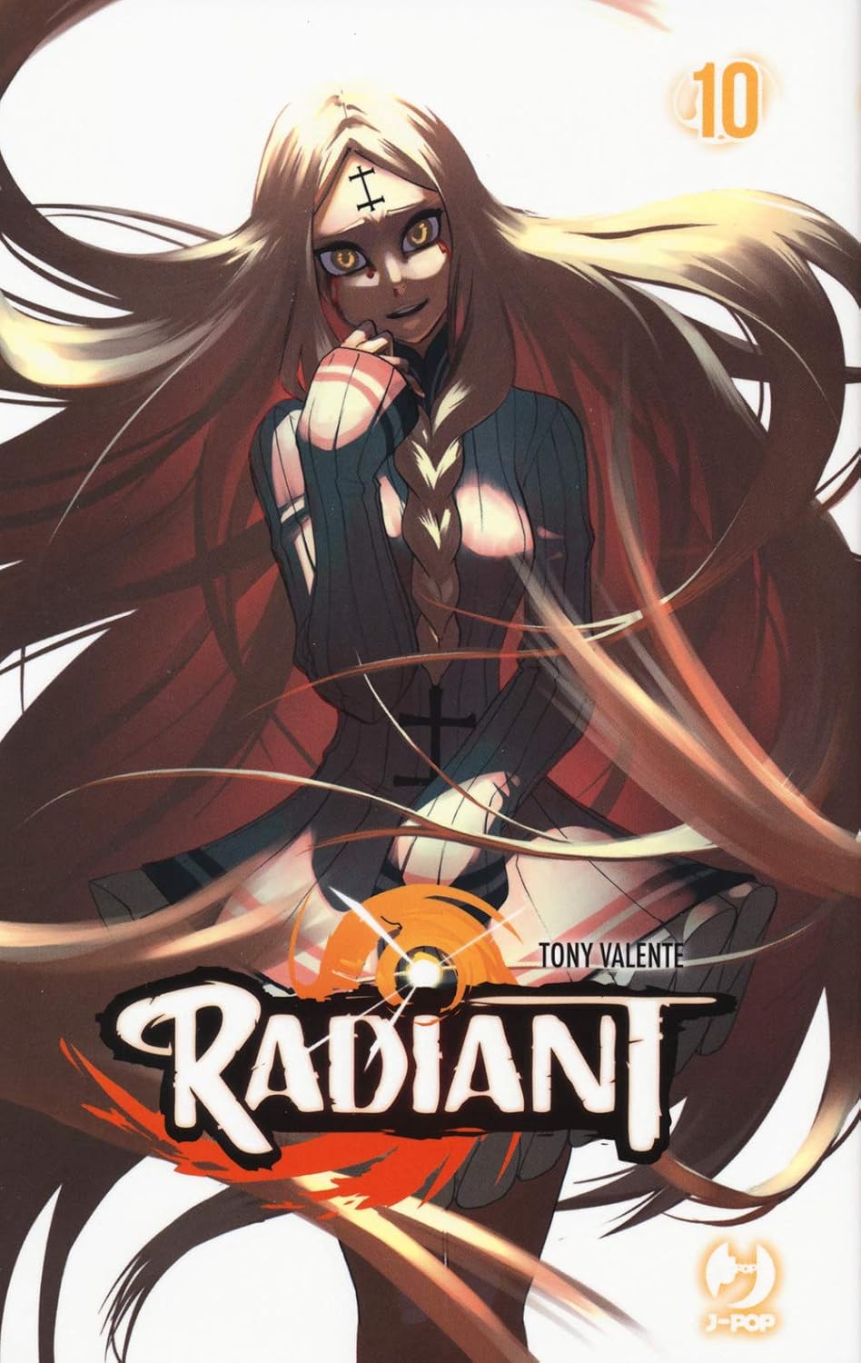 Copertina del decimo volume del manga Radiant, raffigurante una misteriosa ragazza dai lunghissimi capelli biondi mossi dal vento, con un segno a forma di croce sulla fronte e uno sguardo enigmatico.