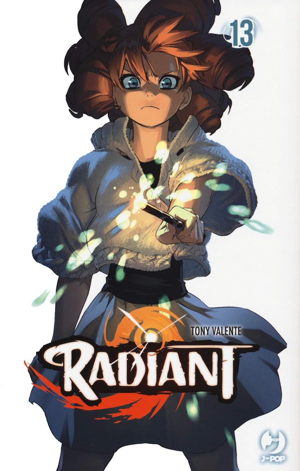 Copertina del tredicesimo volume del manga Radiant, che raffigura una giovane ragazza con folti capelli rossi acconciati a grandi boccoli, intenta a puntare verso l'osservatore una bacchetta magica da cui scaturiscono scintille luminose.
