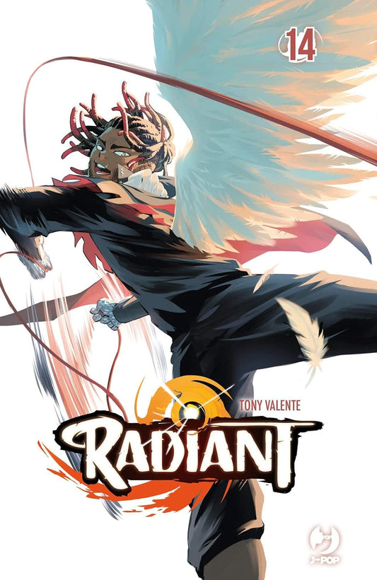 Copertina del quattordicesimo volume del manga Radiant, che mostra un personaggio in posa dinamica aerea con grandi ali piumate bianche e una corda rossa tra le mani.
