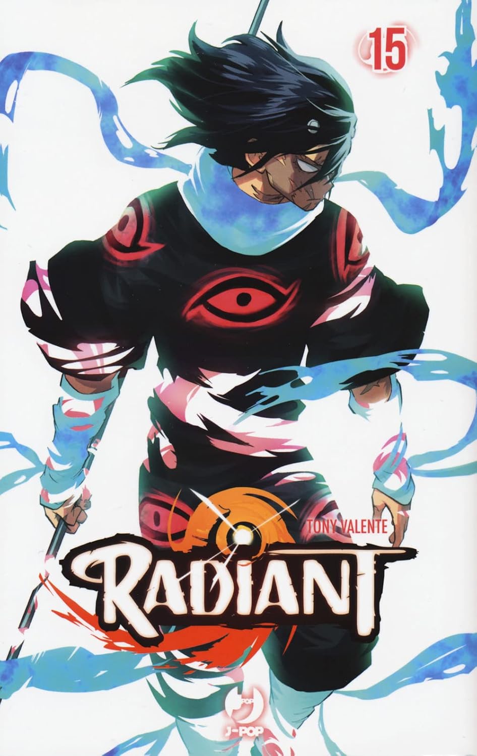 Copertina del quindicesimo volume del manga Radiant, che mostra in primo piano un personaggio con capelli neri scompigliati e una tunica scura decorata da un grande occhio rosso, circondato da auree magiche azzurre.