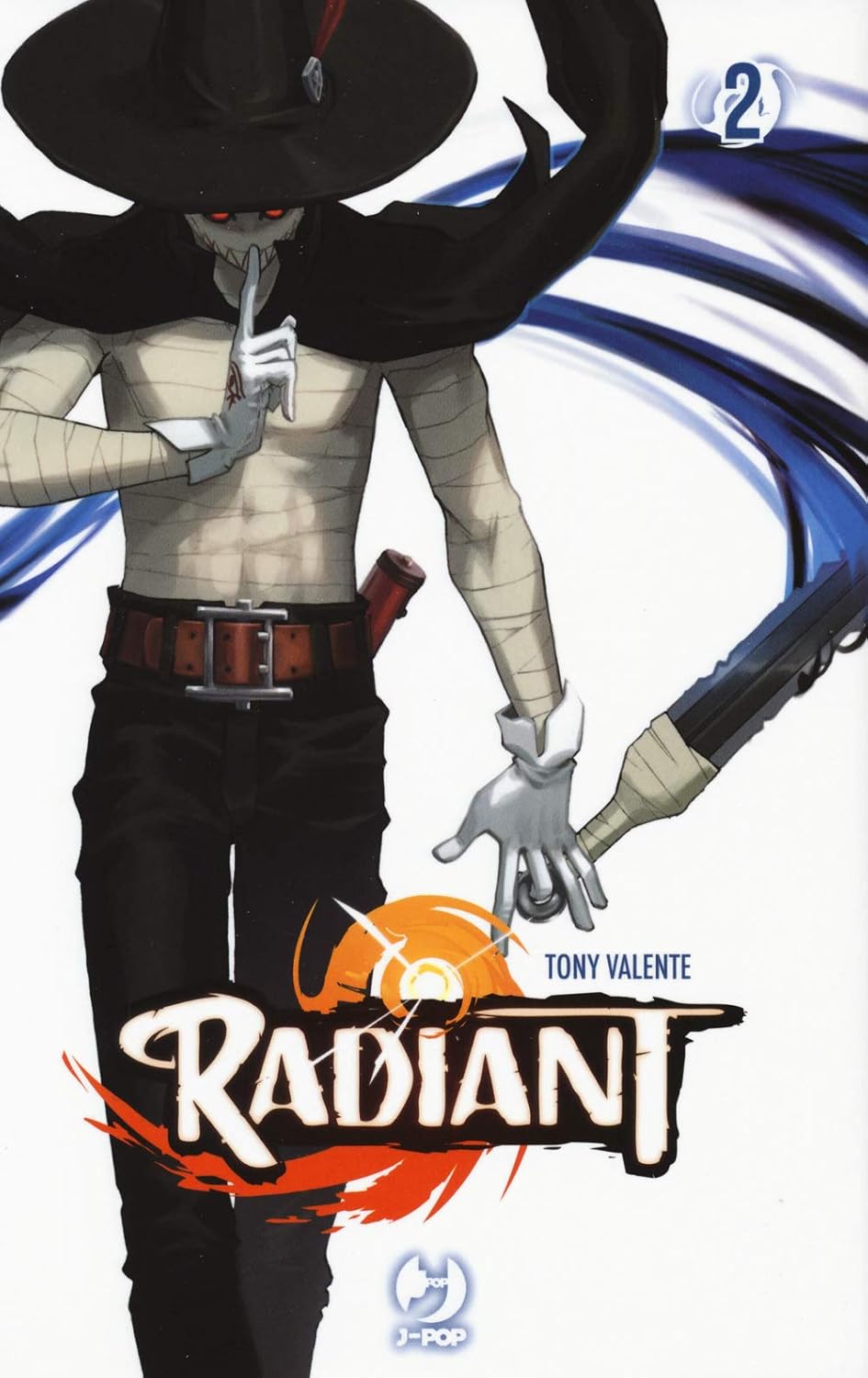 Copertina del secondo volume del manga Radiant. In primo piano un misterioso personaggio bendato, con un mantello scuro e un cappello a tesa larga, che porta il dito indice alla bocca.