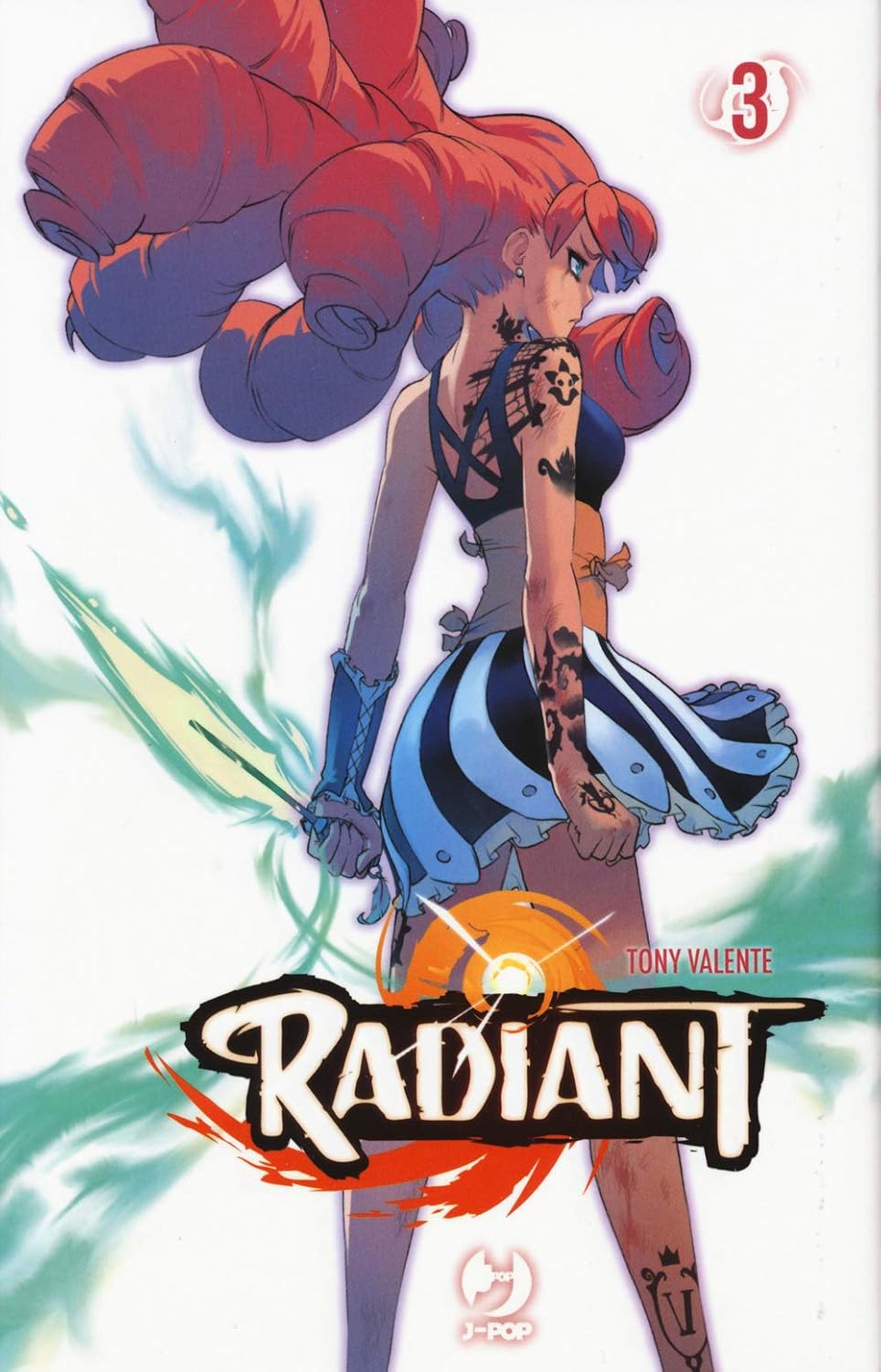 Copertina del terzo volume del manga Radiant, raffigurante il personaggio di Mélie vista di schiena, con i suoi iconici capelli rossi acconciati, tatuaggi neri sul corpo e una bacchetta magica in mano.