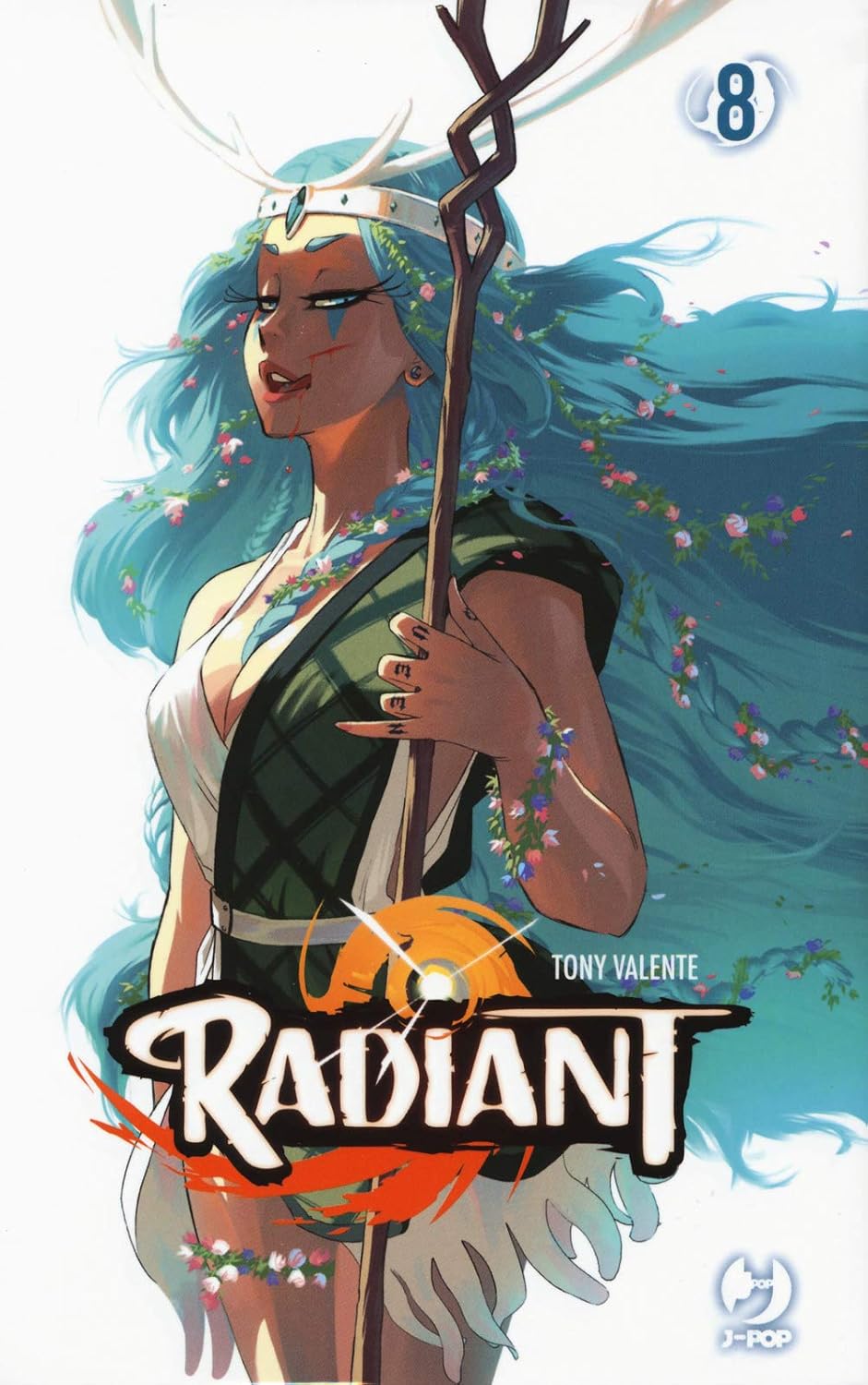 Copertina dell'ottavo volume del manga Radiant, che ritrae una donna affascinante con lunghi capelli azzurri intrecciati con fiori, corna simili a rami e un bastone magico.
