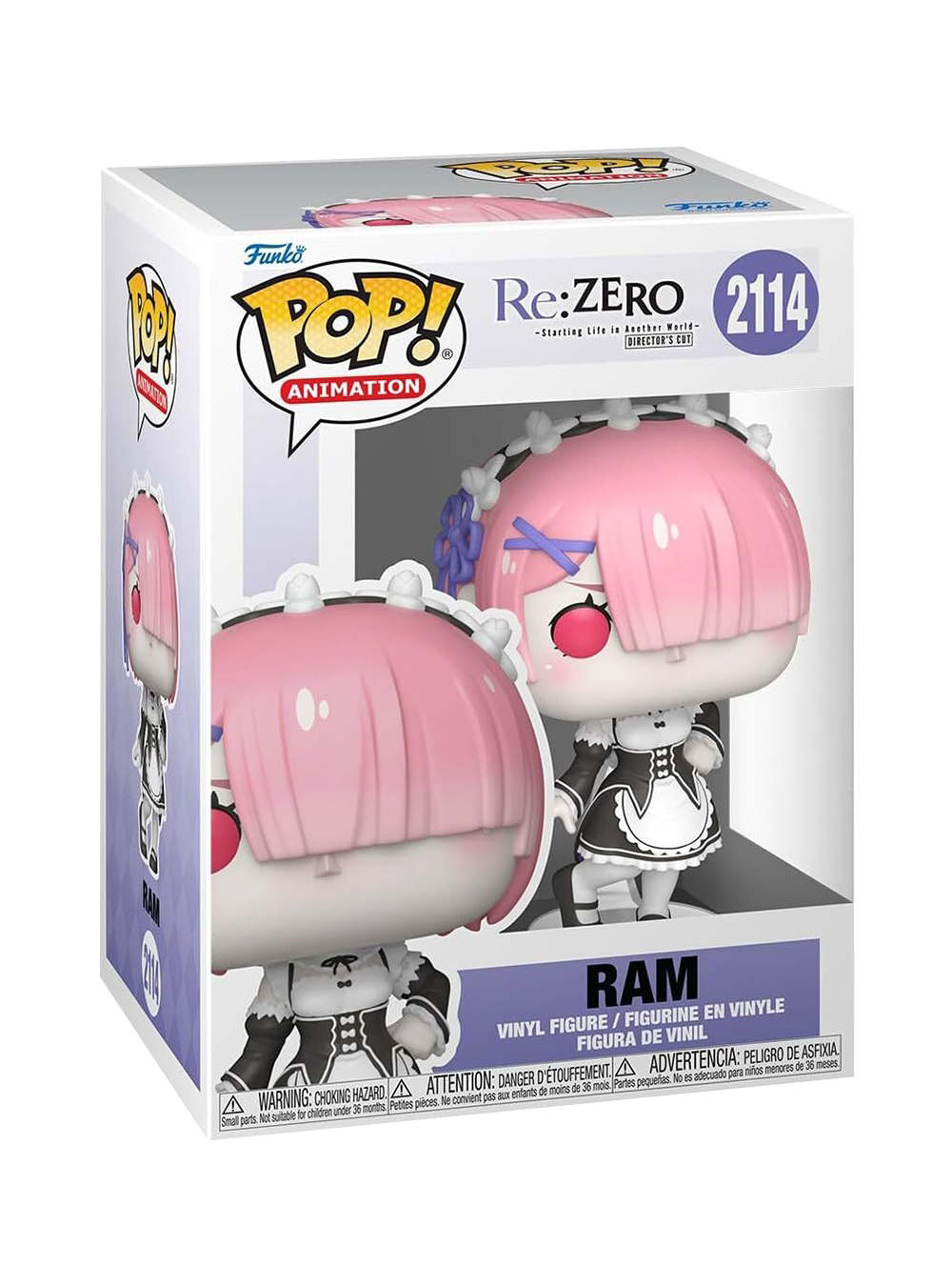 Funko POP! Animation numero 2114 di Ram (Re:Zero), la maid dai capelli rosa, in piedi con una mano sul fianco e l'altra lungo il corpo, indossando la sua uniforme classica.