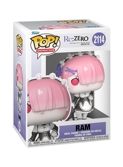 Funko POP! Animation numero 2114 di Ram (Re:Zero), la maid dai capelli rosa, in piedi con una mano sul fianco e l'altra lungo il corpo, indossando la sua uniforme classica.