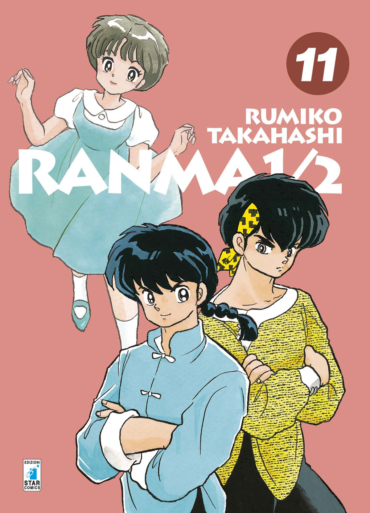 Copertina del manga Ranma 1/2 New Edition Vol. 11 edito da Star Comics. Su uno sfondo rosa pastello, in primo piano spiccano Ranma Saotome (versione ragazzo) e Ryoga Hibiki, entrambi con le braccia conserte e sguardi decisi. In alto a sinistra è raffigurata Akane Tendo con un abito azzurro. In evidenza il numero 11 e il nome dell'autrice Rumiko Takahashi.