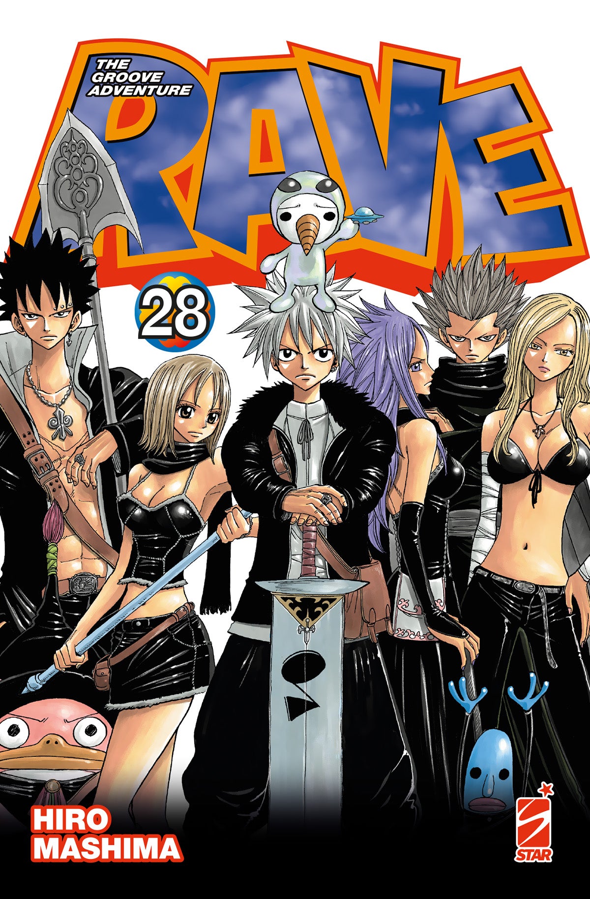 Copertina del manga Rave - The Groove Adventure New Edition Vol. 28, scritto e disegnato da Hiro Mashima ed edito da Star Comics. L'illustrazione mostra il folto gruppo di protagonisti in posa, tutti abbigliati con stilosi e coordinati abiti neri in pelle. Al centro spicca Haru Glory, con le mani poggiate sull'elsa della sua grande spada e il piccolo e buffo cane Plue seduto sulla sua testa. È affiancato a sinistra da Elie e a destra da Julia. Nelle retrovie si ergono Musica con la sua lancia, Let e Belnika
