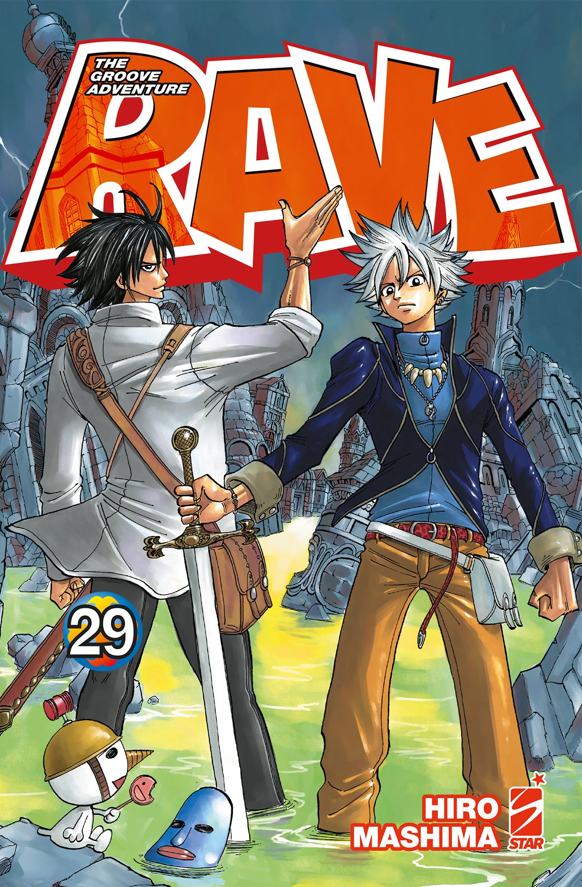 Copertina del manga Rave - The Groove Adventure New Edition volume 29. Illustrazione di Haru e Musica in posa determinata e pronti all'azione tra le rovine di un'antica città allagata. In basso a sinistra compare la piccola e buffa mascotte Plue con un lecca-lecca in mano.