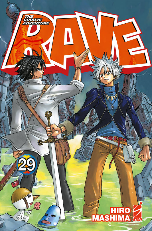 Copertina del manga Rave - The Groove Adventure New Edition volume 29. Illustrazione di Haru e Musica in posa determinata e pronti all'azione tra le rovine di un'antica città allagata. In basso a sinistra compare la piccola e buffa mascotte Plue con un lecca-lecca in mano.