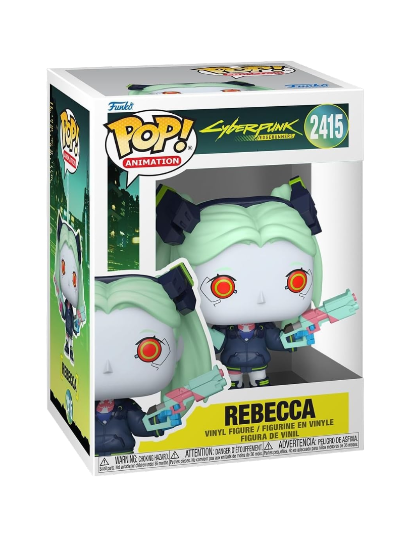Confezione a scatola del Funko POP! numero 2415 di Rebecca dall'anime Cyberpunk: Edgerunners, che mostra la statuetta in vinile del personaggio con capelli verde menta, occhi rossi cibernetici e una pistola colorata in mano.