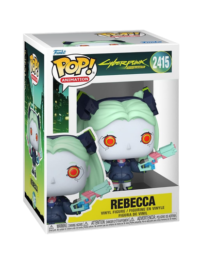 Confezione a scatola del Funko POP! numero 2415 di Rebecca dall'anime Cyberpunk: Edgerunners, che mostra la statuetta in vinile del personaggio con capelli verde menta, occhi rossi cibernetici e una pistola colorata in mano.