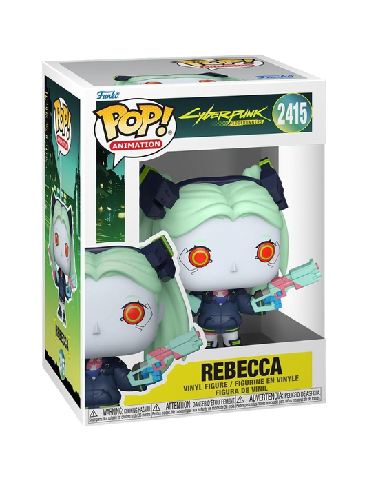 Confezione a scatola del Funko POP! numero 2415 di Rebecca dall'anime Cyberpunk: Edgerunners, che mostra la statuetta in vinile del personaggio con capelli verde menta, occhi rossi cibernetici e una pistola colorata in mano.