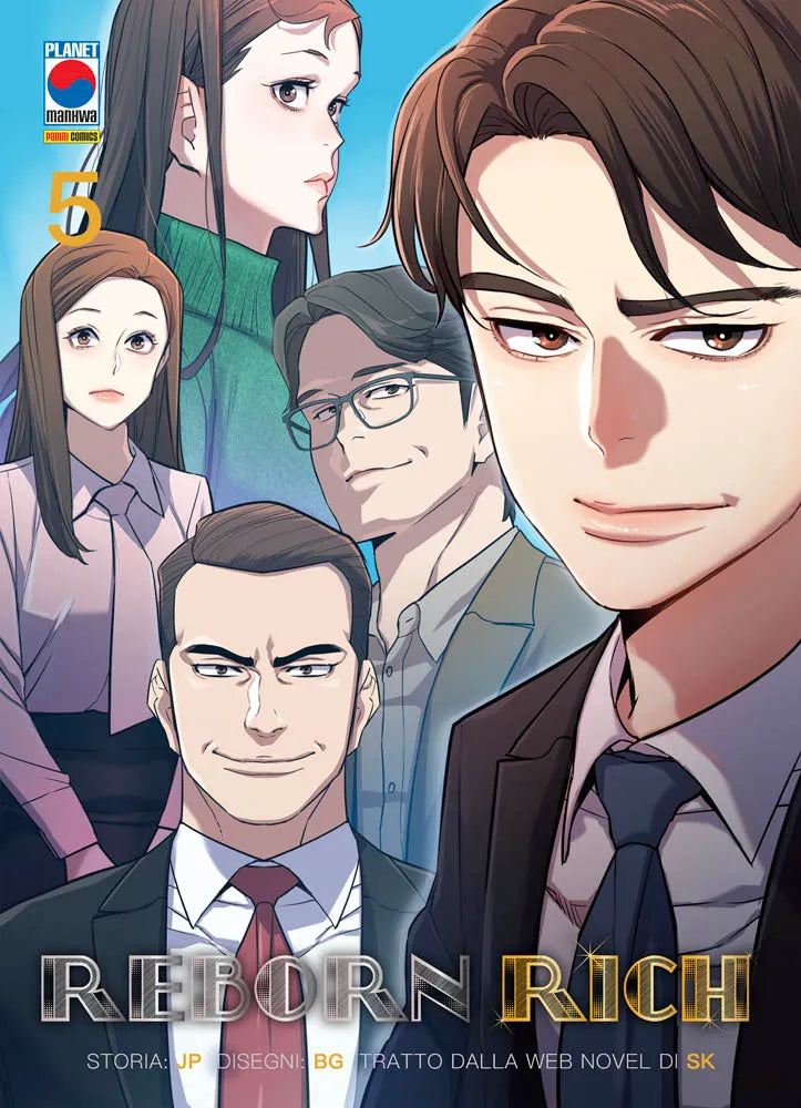 Copertina del quinto volume in italiano del manhwa 'Reborn Rich' di JP, BG e SK, edito da Panini Planet Manga nella linea Planet Manhwa. L'illustrazione a colori mostra in primo piano sulla destra il protagonista Jin Dojun in giacca e cravatta con uno sguardo sicuro e un cenno di sorriso, circondato sullo sfondo da altri personaggi della storia in abiti eleganti, con il numero 5 arancione in alto a sinistra e il titolo REBORN RICH in lettere metalliche in basso.