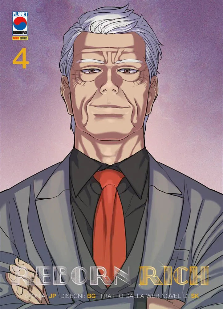 La copertina del volume 4 di Reborn Rich, che mostra un primo piano del Presidente Jin Yang-cheol, un uomo anziano con capelli grigi, abito grigio e cravatta rossa, con un'espressione sicura e autorevole su sfondo sfumato viola.
