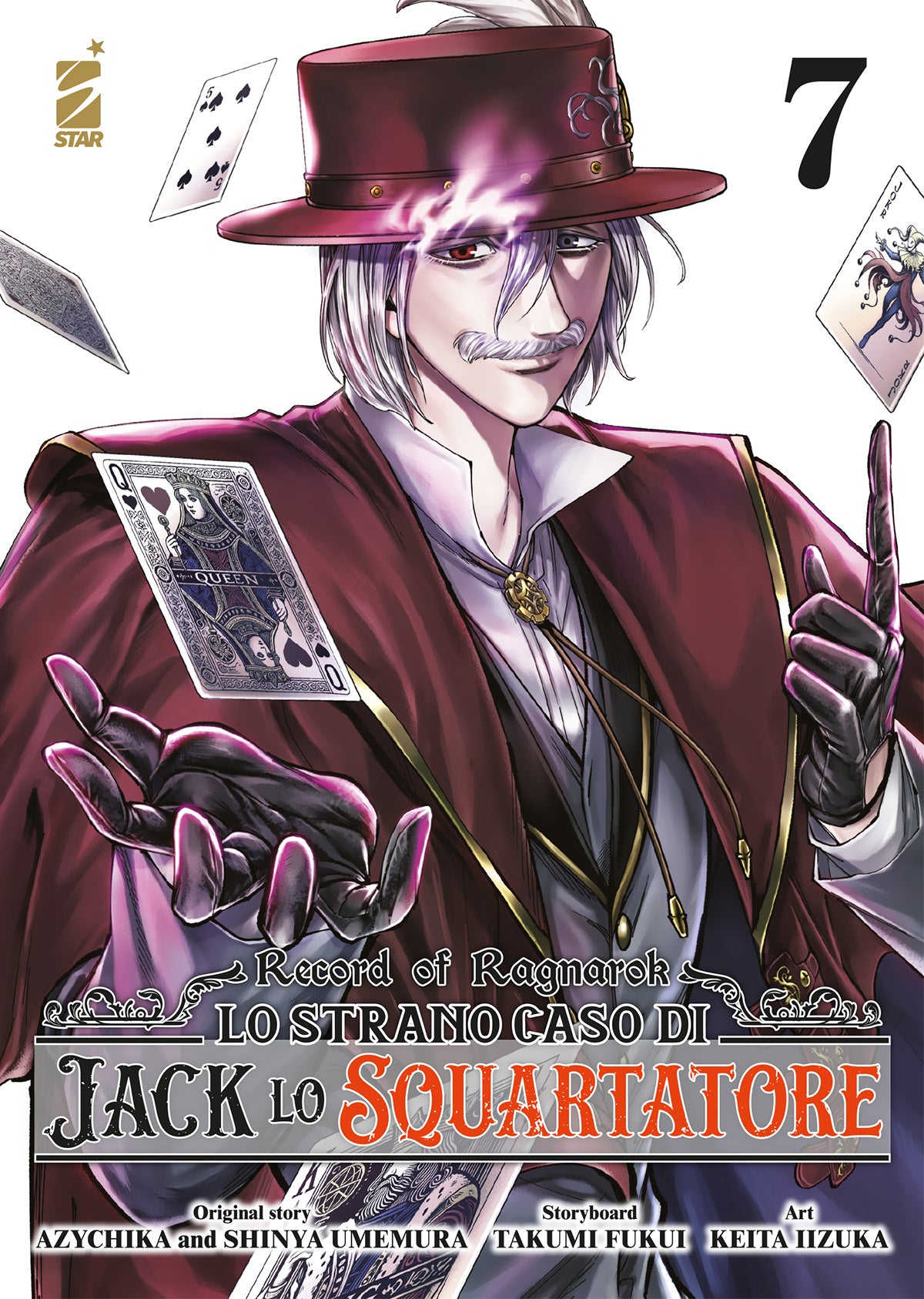 Copertina del manga "Lo Strano Caso di Jack lo Squartatore" Vol. 7; Jack è ritratto con cilindro e monocolo mentre lancia carte da gioco avvolte da un'aura viola magica, con carte sparse in aria.