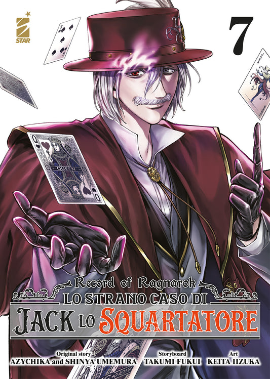 Copertina del manga "Lo Strano Caso di Jack lo Squartatore" Vol. 7; Jack è ritratto con cilindro e monocolo mentre lancia carte da gioco avvolte da un'aura viola magica, con carte sparse in aria.