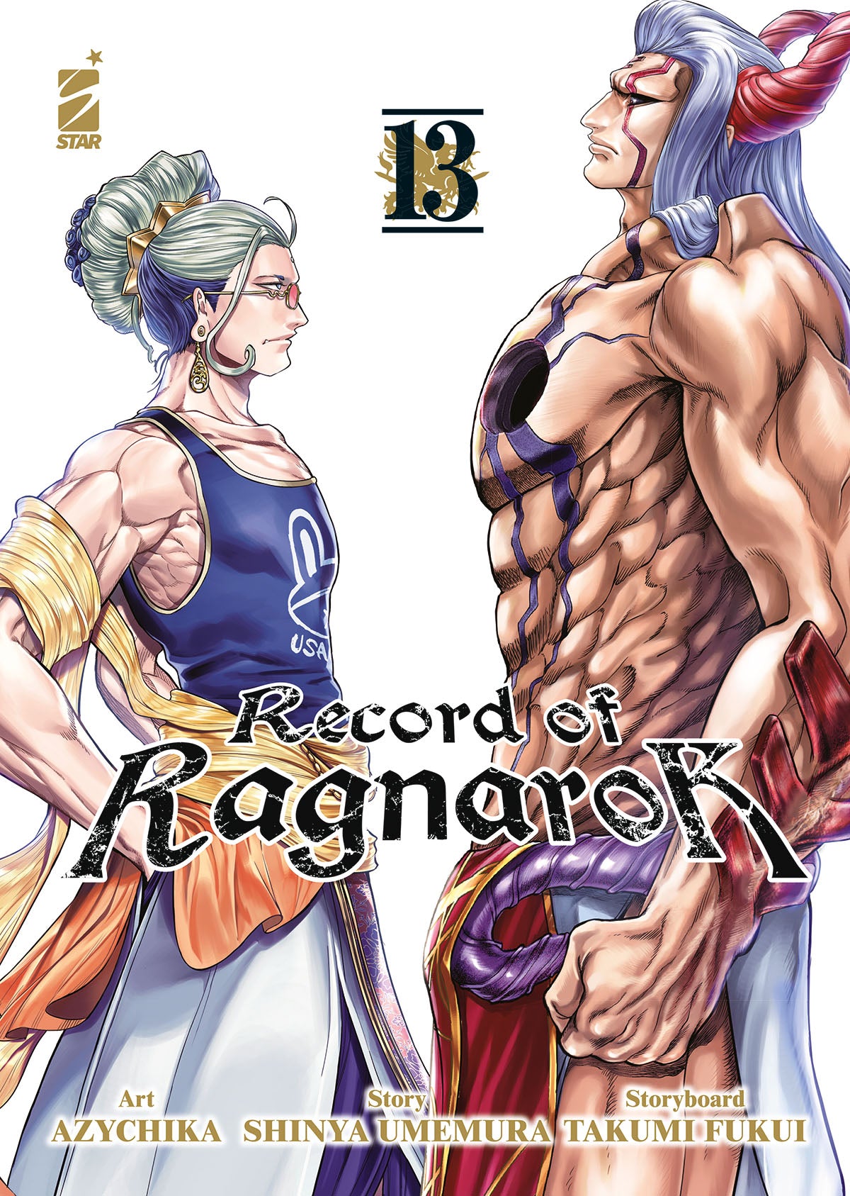 Copertina del manga Record of Ragnarok Vol. 13. Due figure molto muscolose si fronteggiano di profilo. A sinistra, Shakyamuni (Buddha) con occhiali da sole, capelli raccolti e una canottiera blu con la scritta "USA". A destra, il gigantesco demone Hajun, con lunghi capelli azzurrognoli, corna rosse, intricati segni violacei sul corpo e un foro scuro al centro del petto.