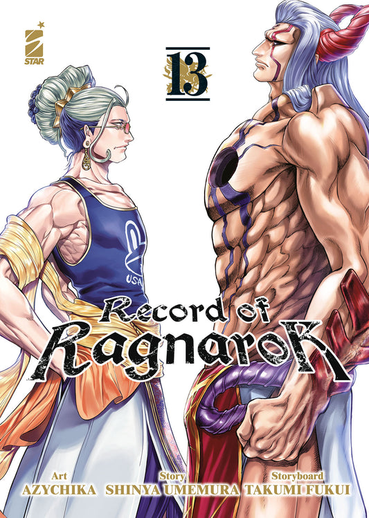 Copertina del manga Record of Ragnarok Vol. 13. Due figure molto muscolose si fronteggiano di profilo. A sinistra, Shakyamuni (Buddha) con occhiali da sole, capelli raccolti e una canottiera blu con la scritta "USA". A destra, il gigantesco demone Hajun, con lunghi capelli azzurrognoli, corna rosse, intricati segni violacei sul corpo e un foro scuro al centro del petto.