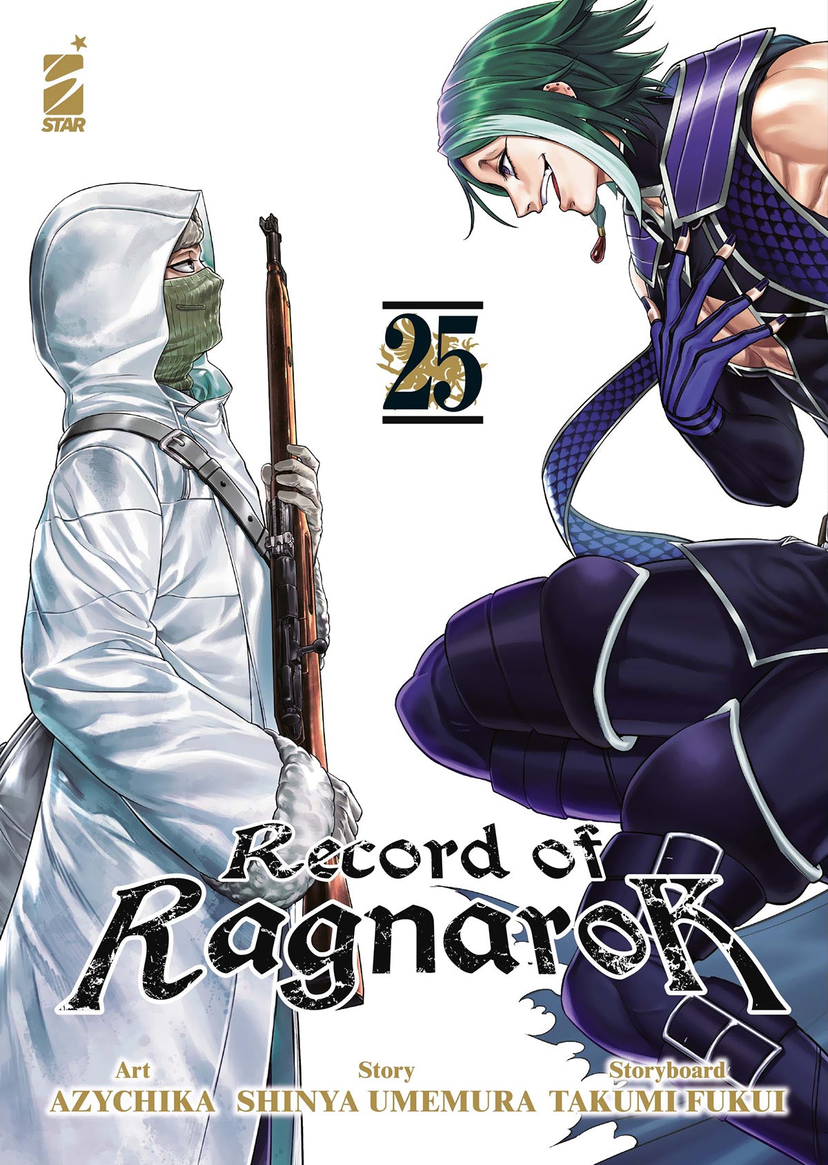 Copertina del manga Record of Ragnarok volume 25. A sinistra il cecchino Simo Häyhä in mimetica bianca con fucile, a destra il dio Loki con capelli verdi e sorriso beffardo.