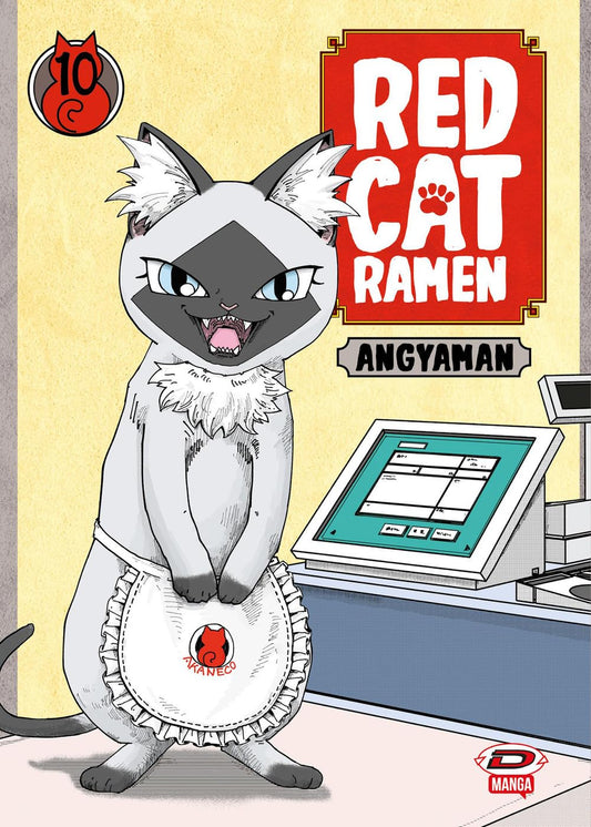 Copertina del manga Red Cat Ramen volume 10. L'illustrazione mostra in primo piano una gatta siamese con gli occhi azzurri, un grembiule bianco con gale e il logo del ristorante, posizionata davanti alla cassa del locale.