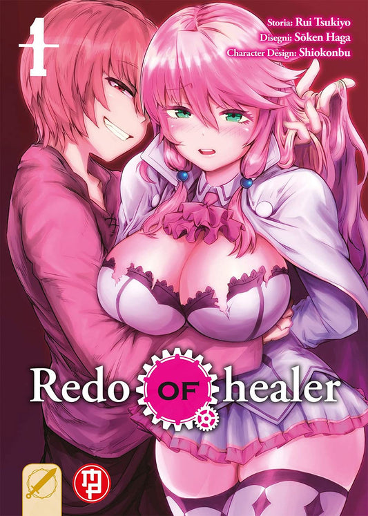 Copertina di Redo of Healer 1. Un ragazzo con capelli rossi e un sorriso sinistro abbraccia da dietro una ragazza con lunghi capelli rosa e un vestito bianco e fucsia scollato.