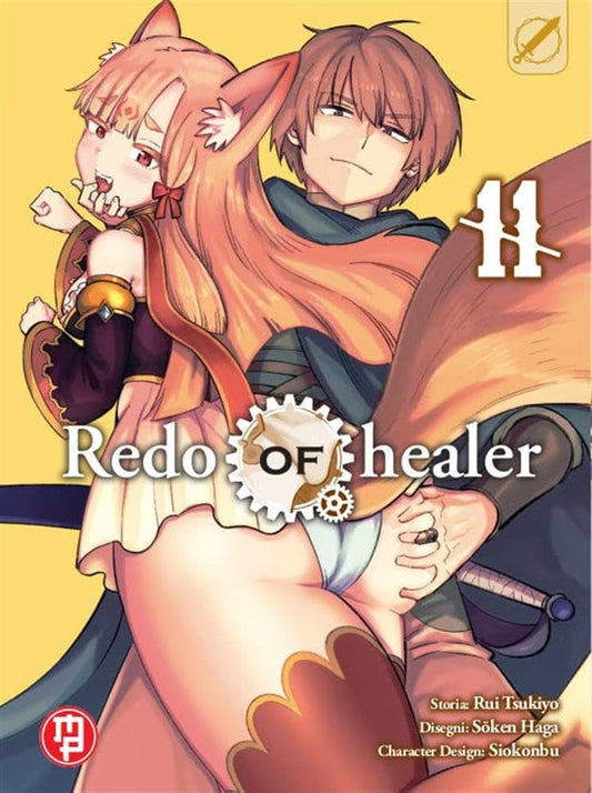 Copertina di Redo of Healer 11. Un ragazzo con capelli castani e un'espressione fiera affianca una ragazza con orecchie da volpe e lunghi capelli biondo-aranciati, su uno sfondo giallo.