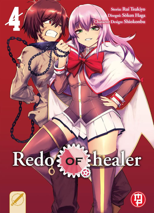 Copertina di Redo of Healer 4. Una ragazza con capelli rosa e un vestito bianco e fucsia tiene legato con una catena al collo un ragazzo ferito e sporco, su sfondo rosso.