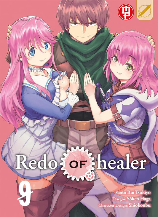 Copertina di Redo of Healer 9. Un ragazzo con capelli castani e un sorriso beffardo è affiancato da due ragazze sorridenti con i capelli rosa e grandi occhi espressivi, su un fondo interamente rosa.
