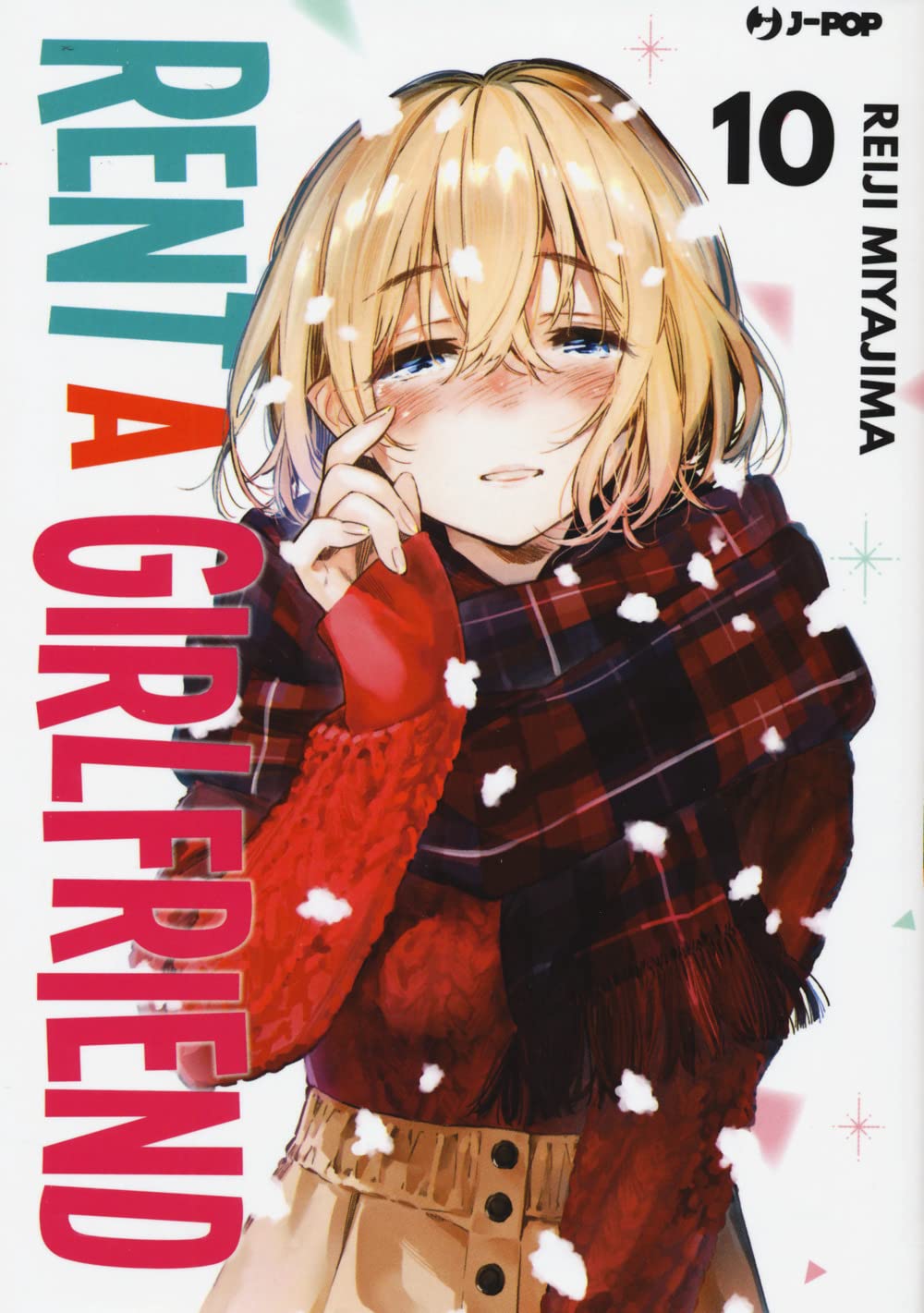 Copertina del manga Rent A Girlfriend Vol. 10; il personaggio di Mami Nanami è ritratto in primo piano mentre piange, con le guance arrossate e un'espressione triste sotto la neve che cade. Indossa un maglione rosso e una sciarpa a quadri scuri.