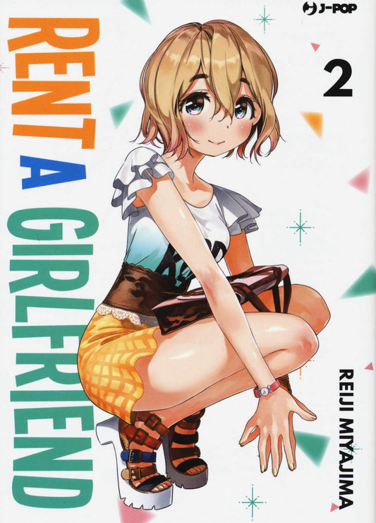 Copertina del manga Rent A Girlfriend Vol. 2; il personaggio di Mami è ritratto accovacciato con un sorriso dolce, indossa una t-shirt bianca con la scritta "ROCK", una minigonna gialla a quadri e sandali con tacco.