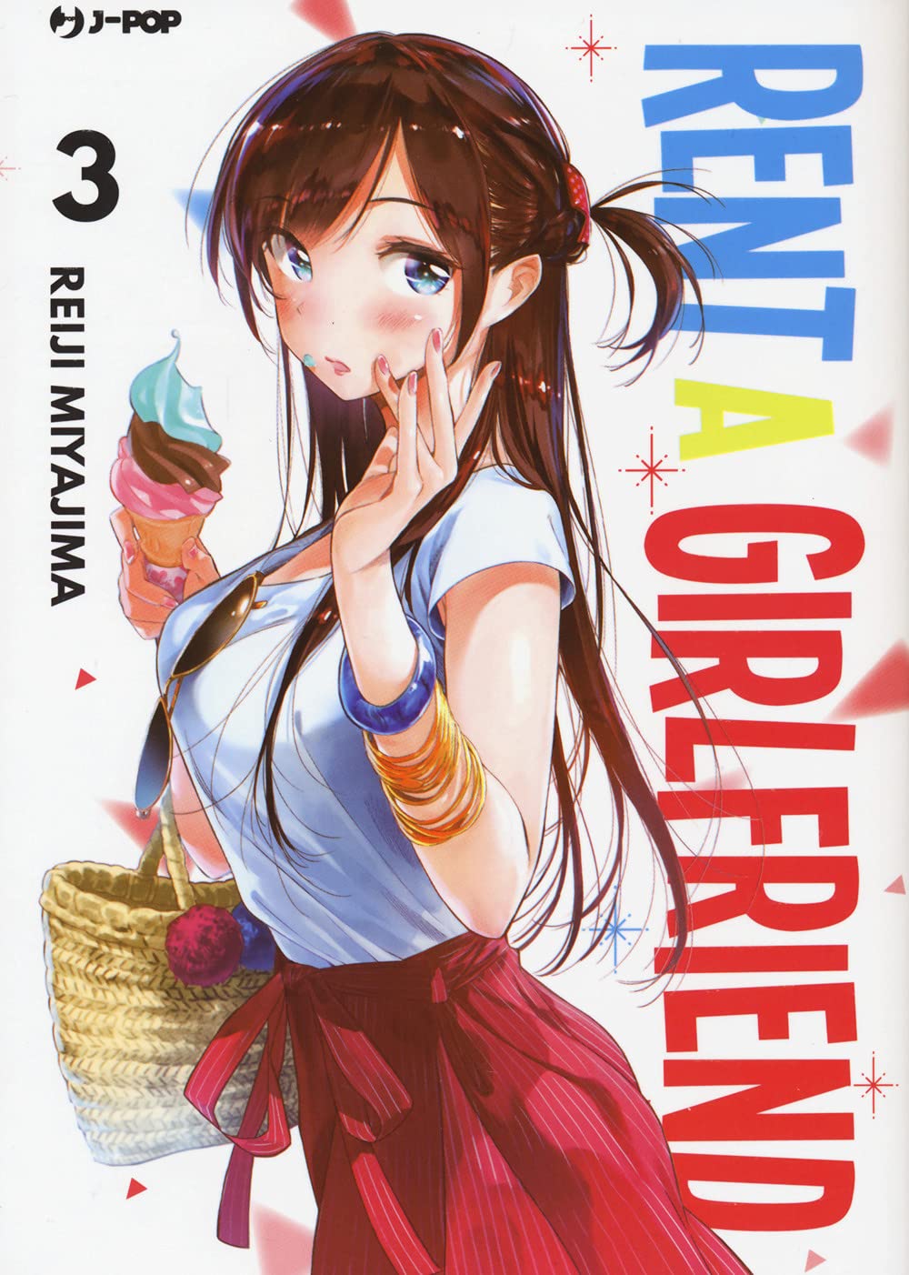 Copertina del manga Rent A Girlfriend Vol. 3; Chizuru Mizuhara è ritratta in abbigliamento estivo con una t-shirt bianca e gonna rossa, mentre mangia un gelato che le sta colando sulla mano e sul viso, arrossendo leggermente.