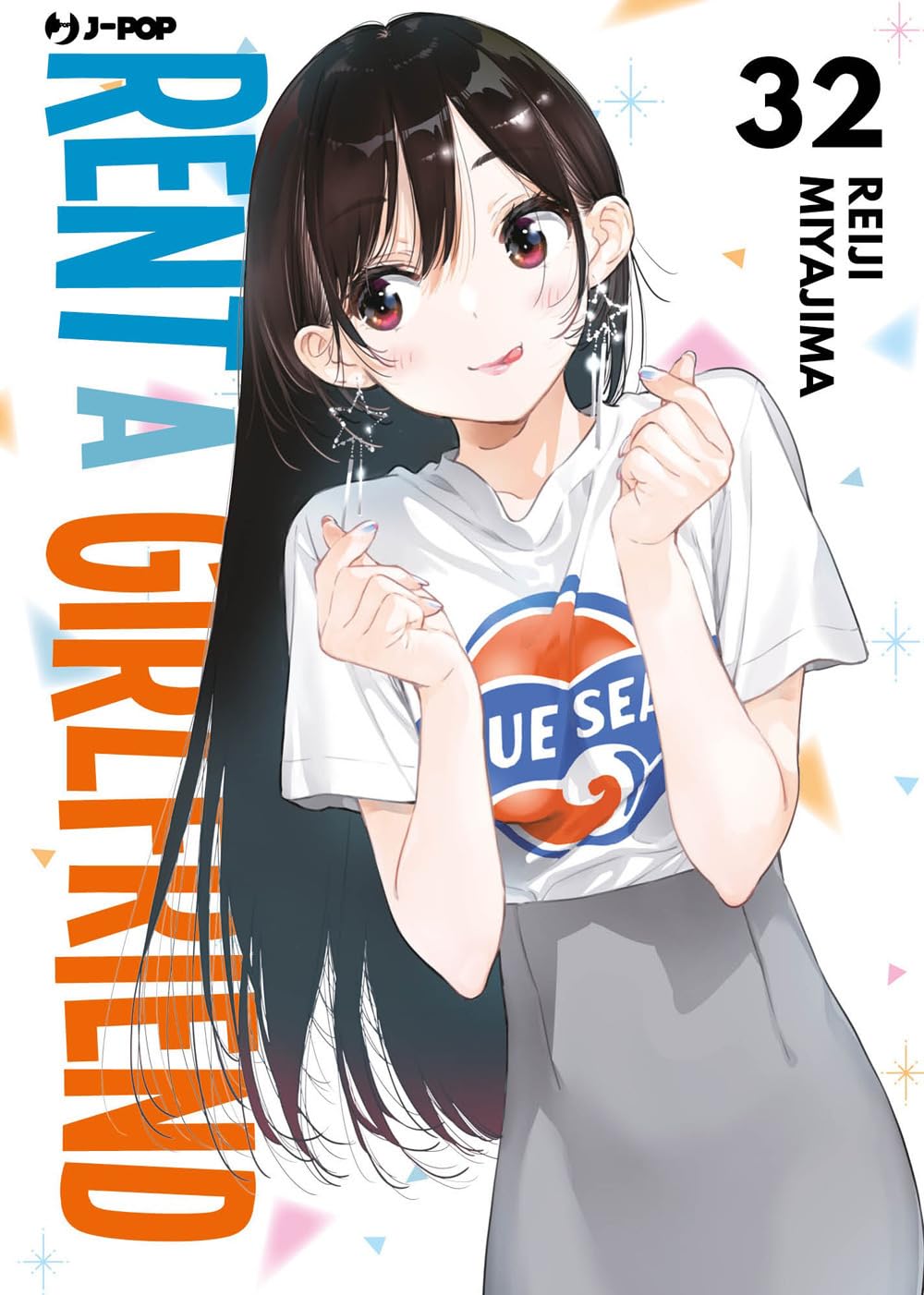 Copertina del manga Rent A Girlfriend volume 32. L'illustrazione luminosa e colorata ritrae la protagonista Chizuru Mizuhara sorridente e ammiccante, con lunghi capelli scuri, orecchini pendenti a forma di stella e una t-shirt bianca con un logo, mentre mima il gesto del cuore con le dita.