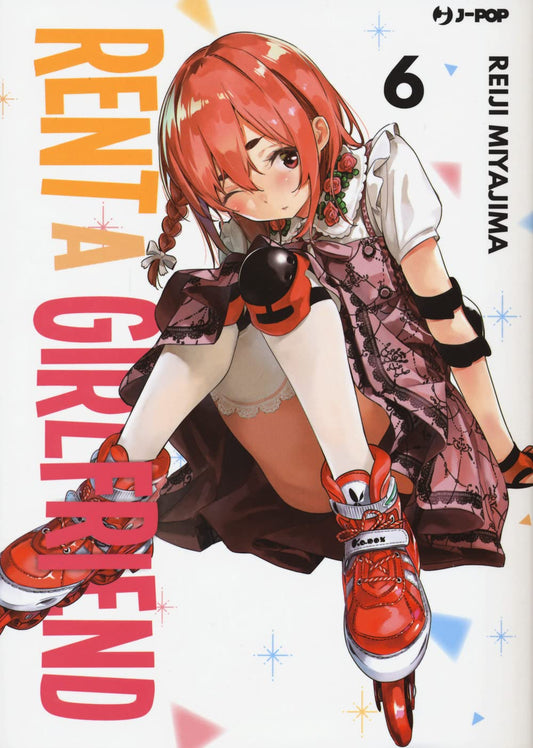Copertina del manga Rent A Girlfriend Vol. 6; il nuovo personaggio Sumi Sakurasawa è seduta a terra indossando pattini in linea rossi, ginocchiere e un abito rosa, mentre fa l'occhiolino con un'espressione timida.