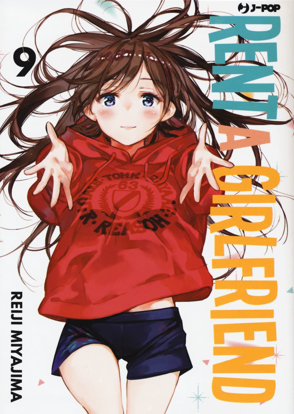 Copertina del manga Rent A Girlfriend Vol. 9; la protagonista Chizuru Mizuhara è ritratta in posa dinamica mentre tende le mani verso lo spettatore, indossando una felpa rossa con cappuccio e pantaloncini blu scuro.