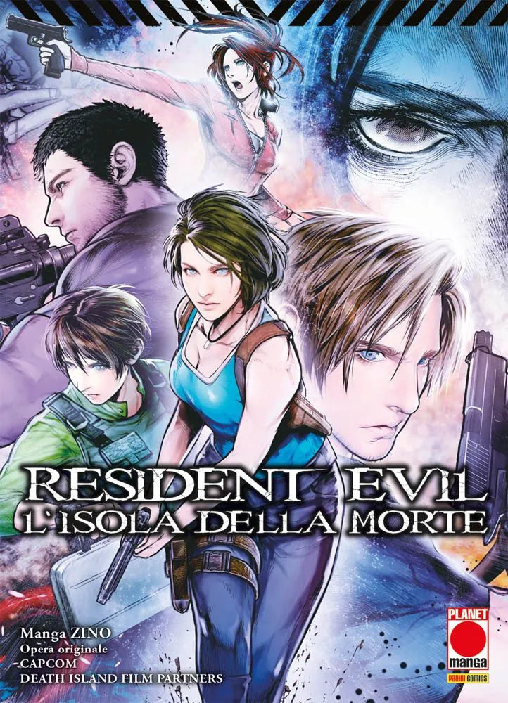 Copertina del manga Resident Evil: L'Isola della Morte; illustrazione che mostra un collage dei celebri protagonisti della saga. Al centro spicca Jill Valentine in canotta azzurra, circondata dai volti di Leon S. Kennedy, Chris Redfield, Claire Redfield e Rebecca Chambers. Sullo sfondo in alto a destra, il primissimo piano di un occhio minaccioso.