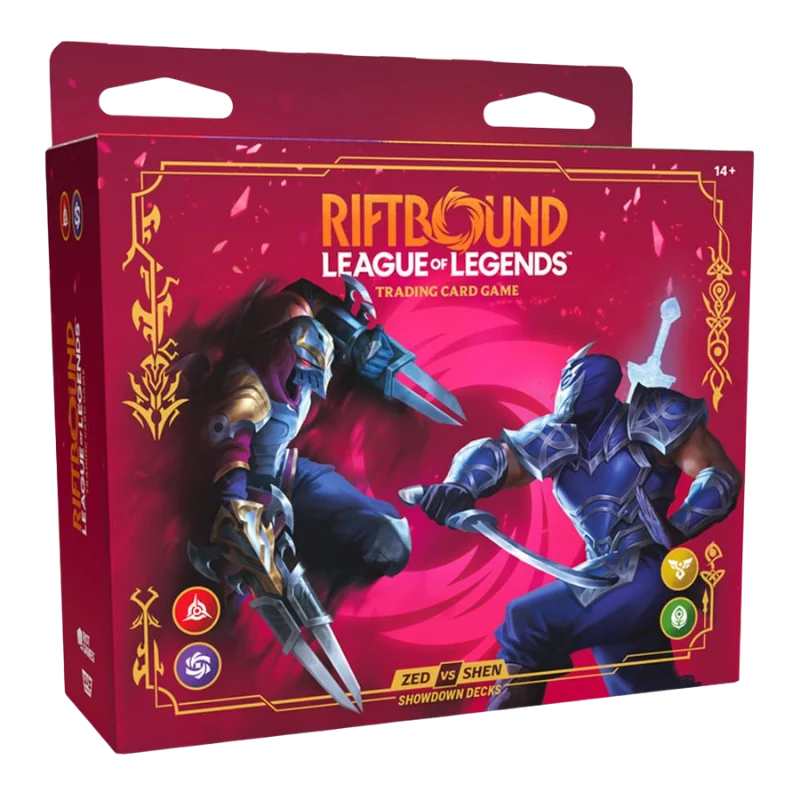 Scatola in lingua inglese del set 'Riftbound: League of Legends TCG - Zed vs Shen Showdown Decks'. La confezione di colore rosso magenta mostra sul fronte lo scontro dinamico tra l'assassino delle ombre Zed sulla sinistra e il guerriero spirituale Shen sulla destra