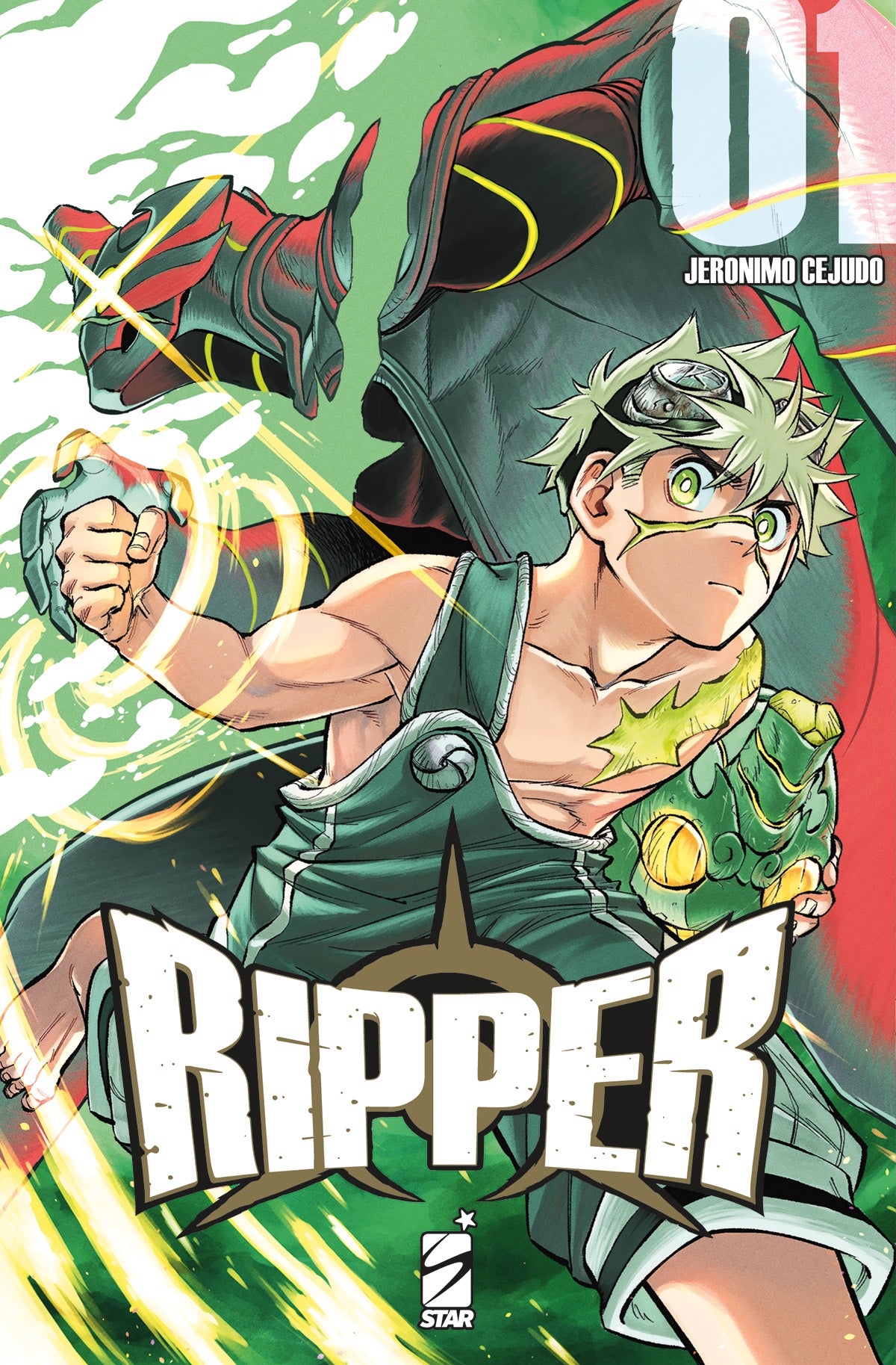 Copertina del manga Ripper volume 1. Un ragazzo biondo con occhiali protettivi sulla testa e occhi verdi scatta in avanti tra bagliori di energia gialla.