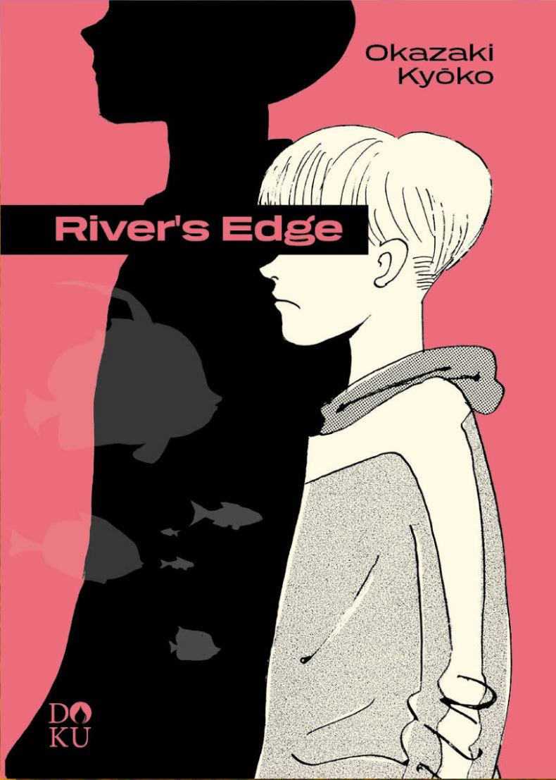 Copertina del manga River's Edge. Su uno sfondo rosa spicca il profilo di un giovane dai capelli chiari, sovrapposto alla silhouette nera di un'altra figura al cui interno nuotano dei pesci stilizzati.