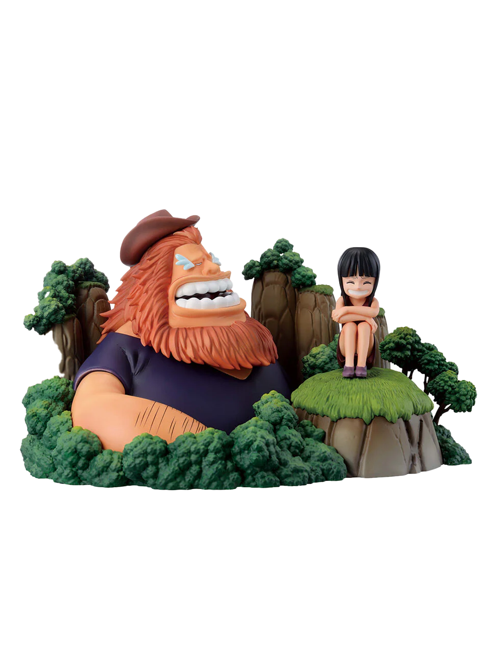 Figura da collezione Ichibansho Dramatic Memories di Robin e Saul tratta da One Piece, come mostrato nel file robin.jpg. Il diorama presenta il gigante Saul con la barba arancione che ride felice tra cespugli verdi e la piccola Nico Robin bambina seduta su una collinetta di terra e erba.